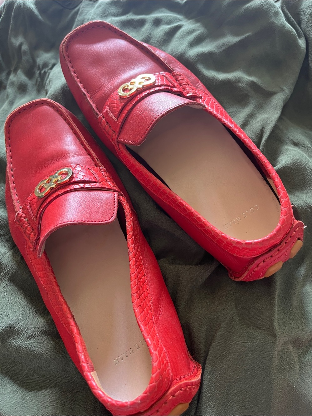 Cole Haan Red Leather Driving Loafers with Gold Accent